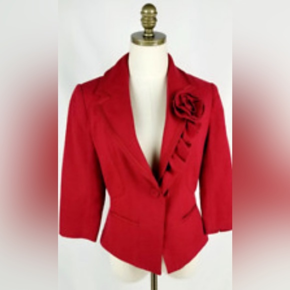 Women’s White House Black Market Red Rosette Lapel Wool Blazer Size 10 - Picture 2 of 10